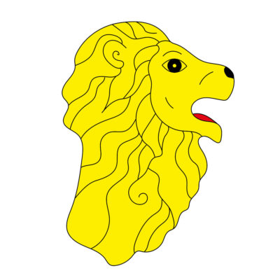 Dessin d'un lion jaune de profil.